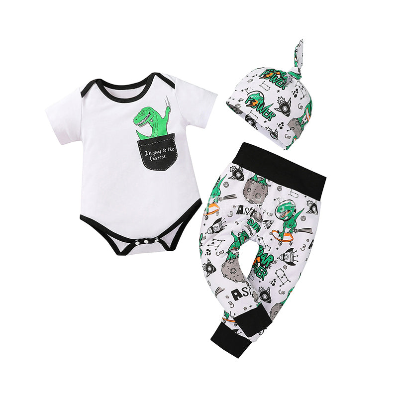 3 Pieces Baby Boy I'm Going To The Universe Print Dinosaur Bodysuit And Pants And Hat Set Wholesale 57492208