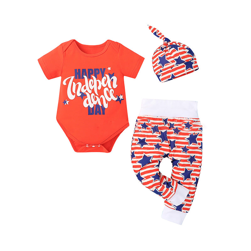 3 Pieces Baby Boy Independence Day Print Bodysuit And Stripe Star Pants & Hat Set Wholesale 93532219