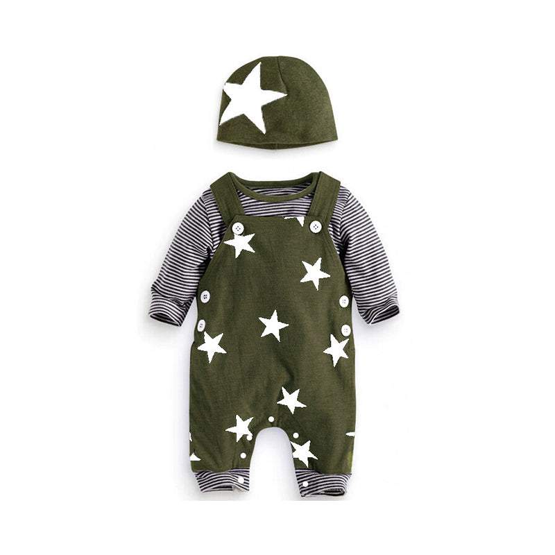 3 Pieces Baby Boy Set Star Top & Stripe Suspender Pants & Hat Wholesale 49763353