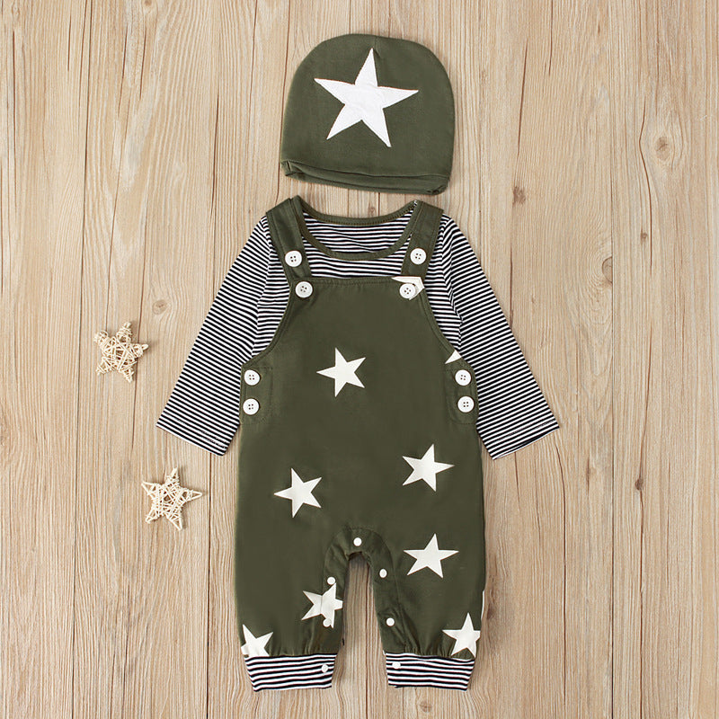 3 Pieces Baby Boy Set Star Top & Stripe Suspender Pants & Hat Wholesale 49763353