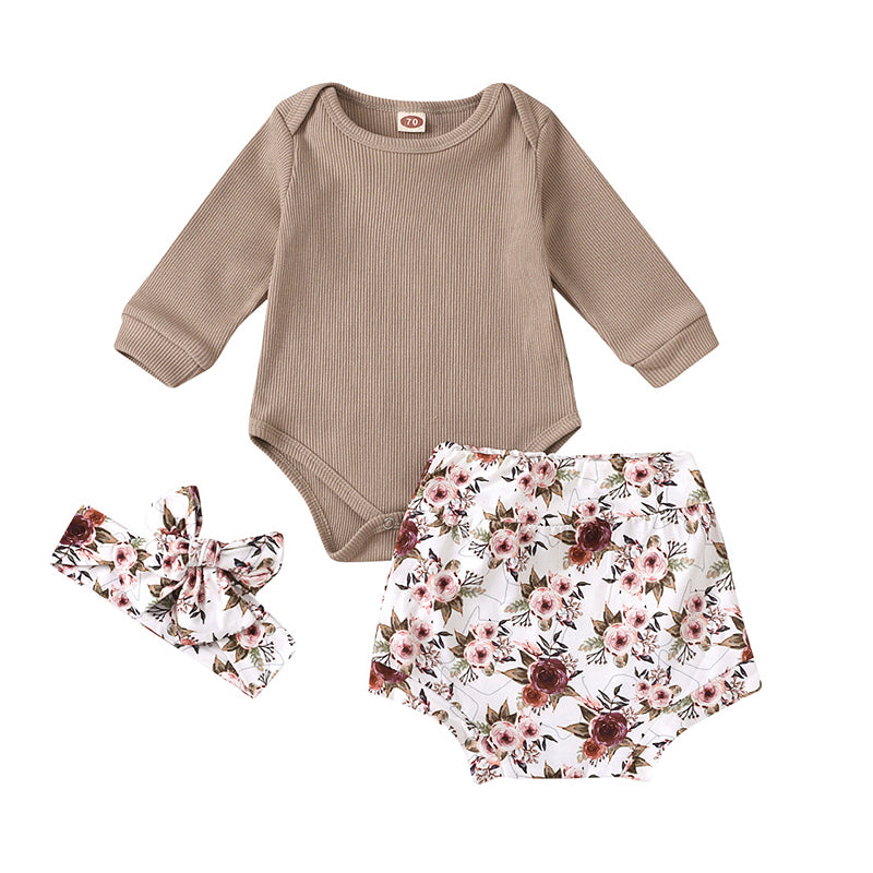 3 Pieces Baby Girl Brown Ribbed Bodysuit & Flower Shorts & Headband Set Wholesale 57764642