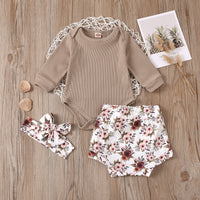Load image into Gallery viewer, 3 Pieces Baby Girl Brown Ribbed Bodysuit &amp; Flower Shorts &amp; Headband Set Wholesale 57764642
