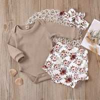 Load image into Gallery viewer, 3 Pieces Baby Girl Brown Ribbed Bodysuit &amp; Flower Shorts &amp; Headband Set Wholesale 57764642
