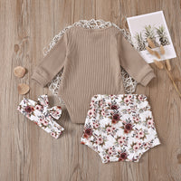 Load image into Gallery viewer, 3 Pieces Baby Girl Brown Ribbed Bodysuit &amp; Flower Shorts &amp; Headband Set Wholesale 57764642
