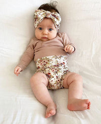 Load image into Gallery viewer, 3 Pieces Baby Girl Brown Ribbed Bodysuit &amp; Flower Shorts &amp; Headband Set Wholesale 57764642
