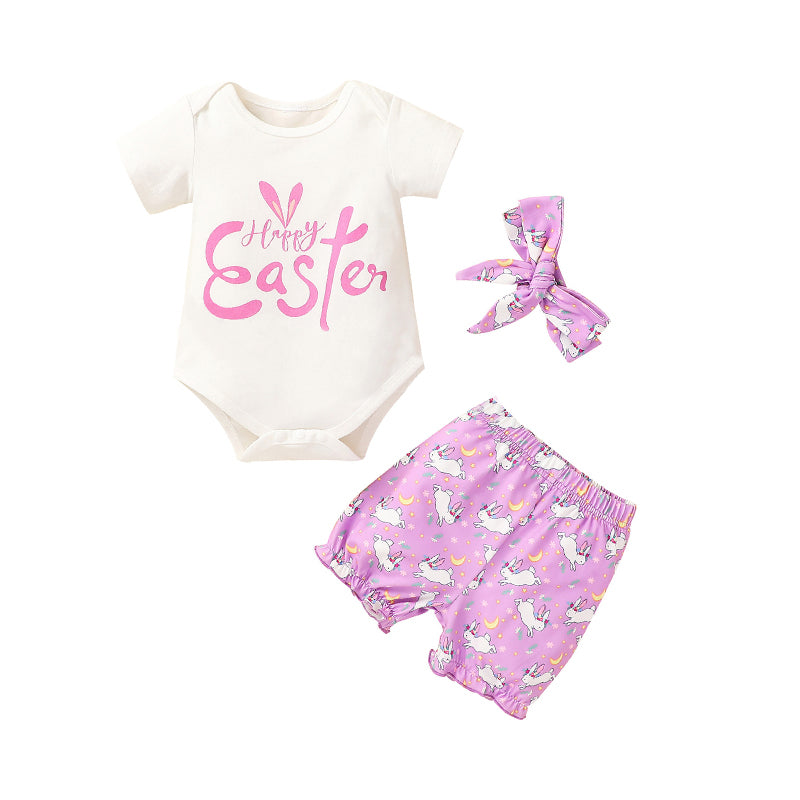 3 Pieces Baby Girl Easter Outfits Bodysuit & Shorts & Headband Wholesale 05802230