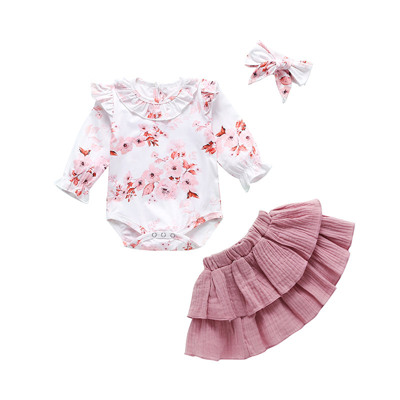 3 Pieces Baby Girl Flower Bodysuit & Muslin Skirt & Headband Set Wholesale 09004793