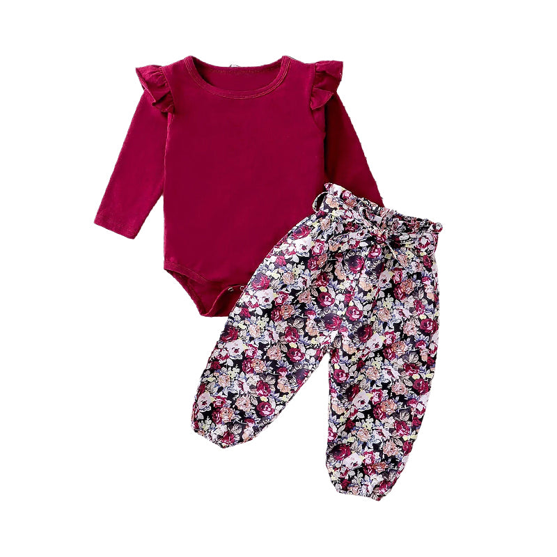 2 Pieces Set Baby Girls Solid Color Print Rompers Flower And Bow Pants Wholesale 53567116