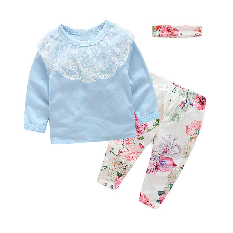 3 Pieces Baby Girl Lace Trim Pullover Top & Floral Trousers & Headband Wholesale 67435274
