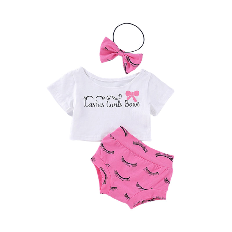 3 Pieces Baby Girl Lashes Curls Bows Print Outfit Top + Shorts + Headband Wholesale 31181729