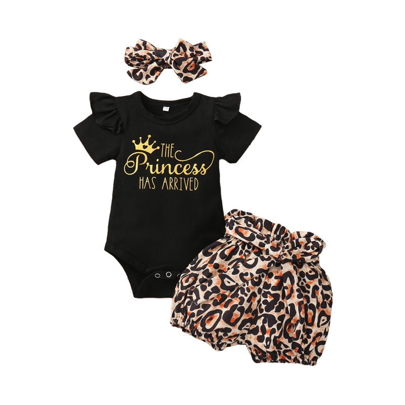 3 Pieces Baby Girl Letter Bodysuit Leopard Shorts Headband Set Wholesale 51463726