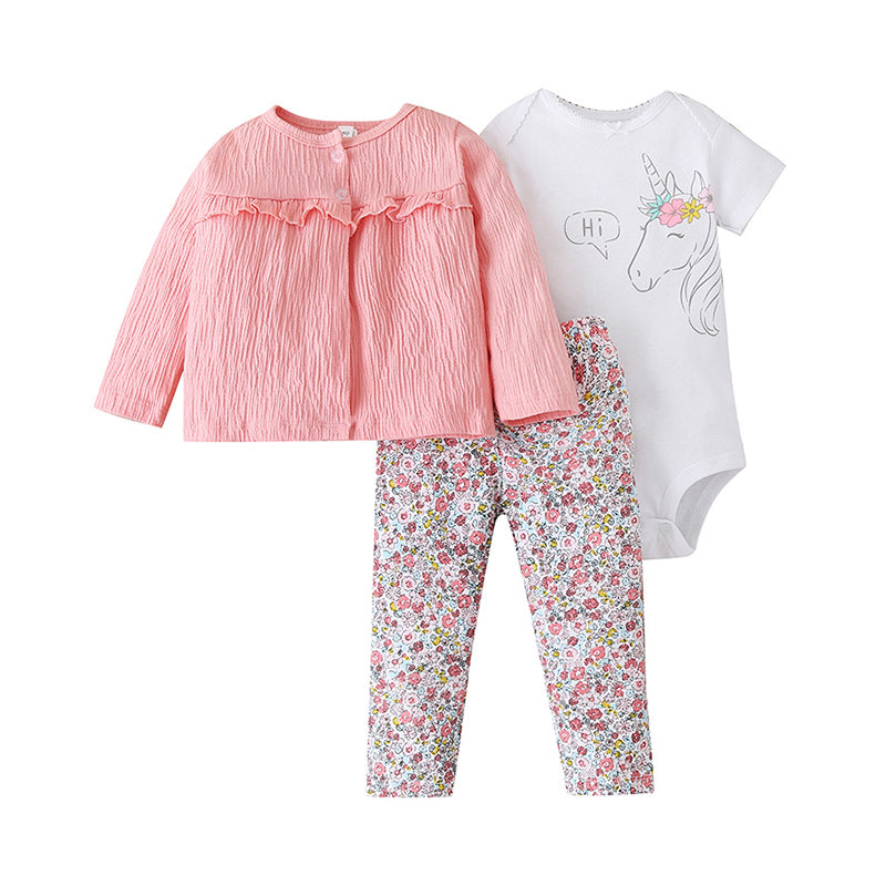 3 Pieces Set Baby Girls Solid Color Muslin&Ribbed Print Tops Flower Pants Letters And Unicorn Rompers Wholesale 80916254