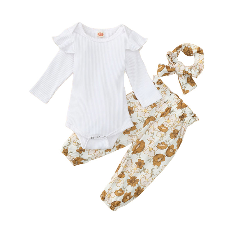 3 Pieces Set Baby Girls Solid Color Muslin&Ribbed Print Rompers Flower Pants And Bow Wholesale 63466198