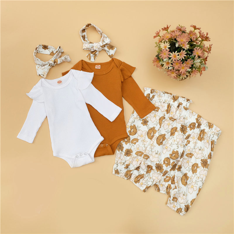 3 Pieces Set Baby Girls Solid Color Muslin&Ribbed Print Rompers Flower Pants And Bow Wholesale 63466198