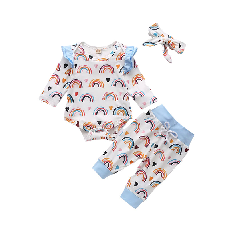 3 Pieces Baby Girl Rainbow Set Flutter Sleeve Bodysuit & Pants & Headband Wholesale 24944794