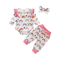 Load image into Gallery viewer, 3 Pieces Baby Girl Rainbow Set Flutter Sleeve Bodysuit &amp; Pants &amp; Headband Wholesale 24944794
