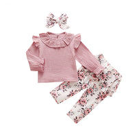 Load image into Gallery viewer, 3 Pieces Baby Girl Ruffle Collar Muslin Top Flower Pants And Headband Set Wholesale 22904800
