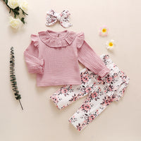 Load image into Gallery viewer, 3 Pieces Baby Girl Ruffle Collar Muslin Top Flower Pants And Headband Set Wholesale 22904800
