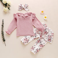 Load image into Gallery viewer, 3 Pieces Baby Girl Ruffle Collar Muslin Top Flower Pants And Headband Set Wholesale 22904800
