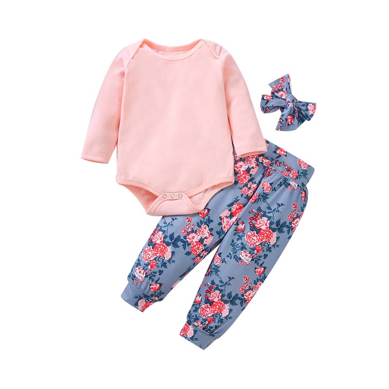 3 Pieces Set Baby Girls Solid Color Print Rompers And Flower Pants And Bow Headwear Wholesale 44156809
