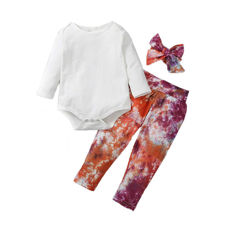 3 Pieces Set Baby Girls Solid Color Rompers Tie Dye Pants And Bow Headwear Wholesale 75016840