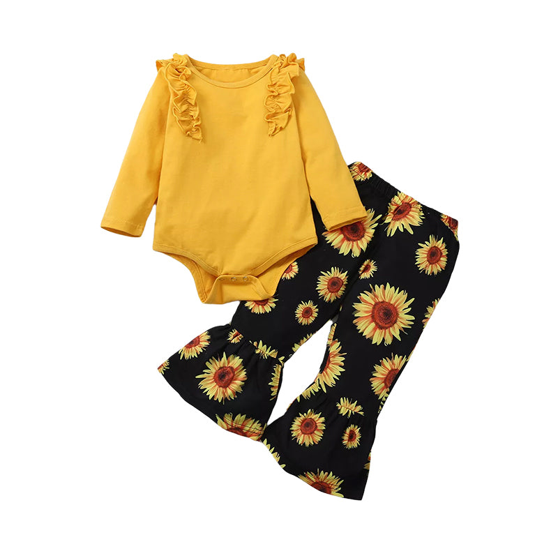 3 Pieces Set Baby Girls Solid Color Print Rompers And Flower Pants And Bow Headwear Wholesale 89266806