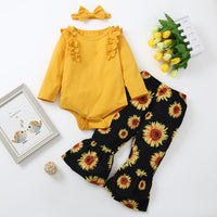 Load image into Gallery viewer, 3 Pieces Set Baby Girls Solid Color Print Rompers And Flower Pants And Bow Headwear Wholesale 89266806
