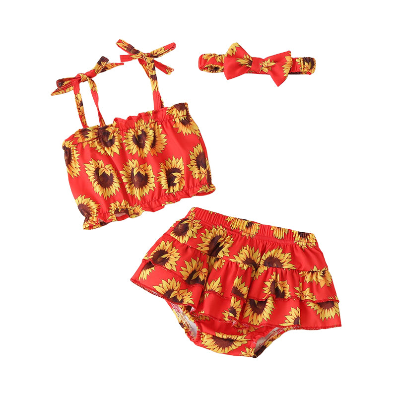 3 Pieces Baby Girl Sunflower Print Set Cami Top & Ruffle Trim Shorts & Headband Wholesale 21612453