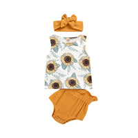Load image into Gallery viewer, 3 Pieces Set Baby Girls Flower Print Vests Waistcoats Solid Color Shorts And Bow Headwear Wholesale 01027474
