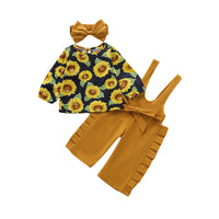 Load image into Gallery viewer, 3 Pieces Baby Girl Sunflower Top &amp; Ruffle Suspender Pants &amp; Headband Wholesale 52126428
