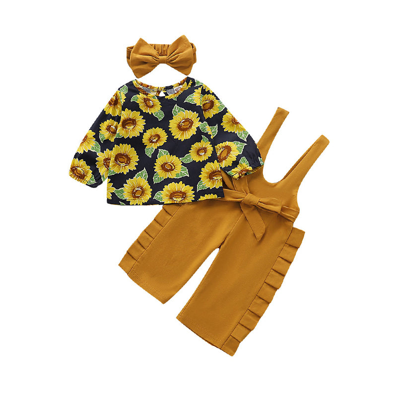 3 Pieces Baby Girl Sunflower Top & Ruffle Suspender Pants & Headband Wholesale 52126428