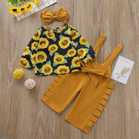 Load image into Gallery viewer, 3 Pieces Baby Girl Sunflower Top &amp; Ruffle Suspender Pants &amp; Headband Wholesale 52126428
