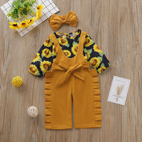 Load image into Gallery viewer, 3 Pieces Baby Girl Sunflower Top &amp; Ruffle Suspender Pants &amp; Headband Wholesale 52126428
