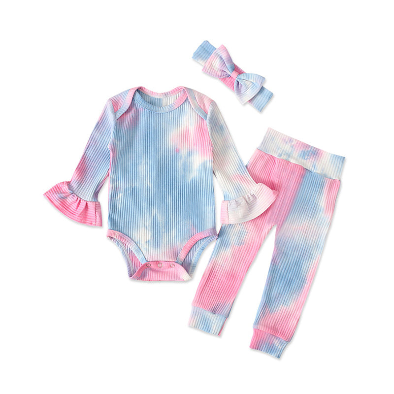 3 Pieces Baby Girl Tie Dye Set Flared Sleeve Ribbed Bodysuit & Trousers & Headband Wholesale 49614999