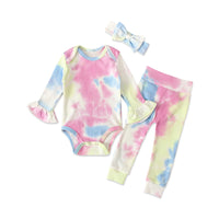 Load image into Gallery viewer, 3 Pieces Baby Girl Tie Dye Set Flared Sleeve Ribbed Bodysuit &amp; Trousers &amp; Headband Wholesale 49614999
