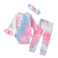 Load image into Gallery viewer, 3 Pieces Baby Girl Tie Dye Set Flared Sleeve Ribbed Bodysuit &amp; Trousers &amp; Headband Wholesale 49614999
