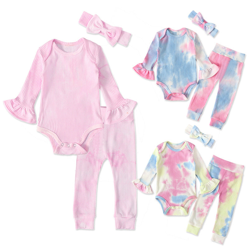 3 Pieces Baby Girl Tie Dye Set Flared Sleeve Ribbed Bodysuit & Trousers & Headband Wholesale 49614999