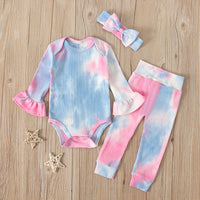 Load image into Gallery viewer, 3 Pieces Baby Girl Tie Dye Set Flared Sleeve Ribbed Bodysuit &amp; Trousers &amp; Headband Wholesale 49614999

