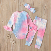 Load image into Gallery viewer, 3 Pieces Baby Girl Tie Dye Set Flared Sleeve Ribbed Bodysuit &amp; Trousers &amp; Headband Wholesale 49614999
