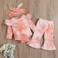 Load image into Gallery viewer, 3 Pieces Baby Girl Tie Dye Set Flutter Sleeve Bodysuit And Flared Pants  Wholesale 91654628
