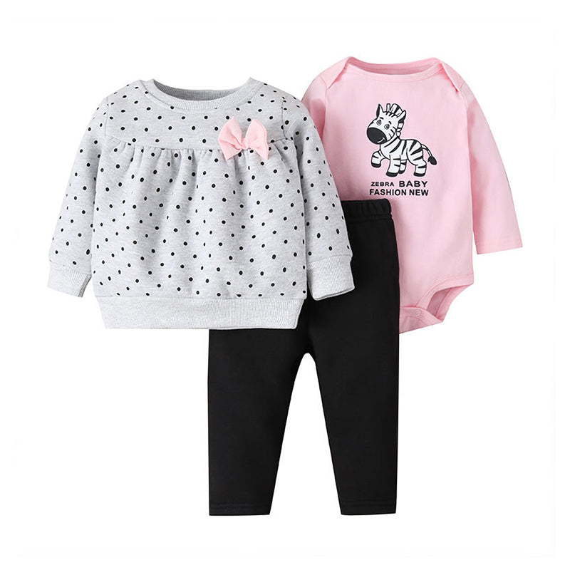 3 Pieces Baby Girl Zebra Bodysuit & Polka Dots Sweatshirt & Pants Set Wholesale 42784270