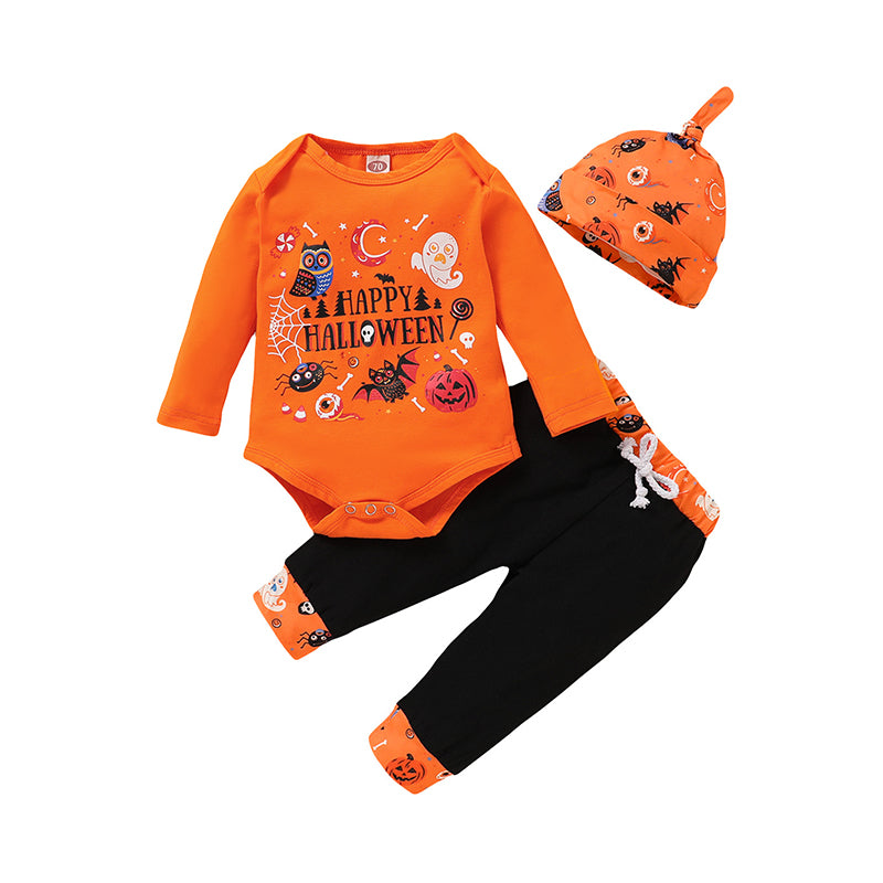 3 Pieces Set Baby Unisex Halloween Letters Animals Star Expression Print Rompers Pants And Hats Wholesale 41446189