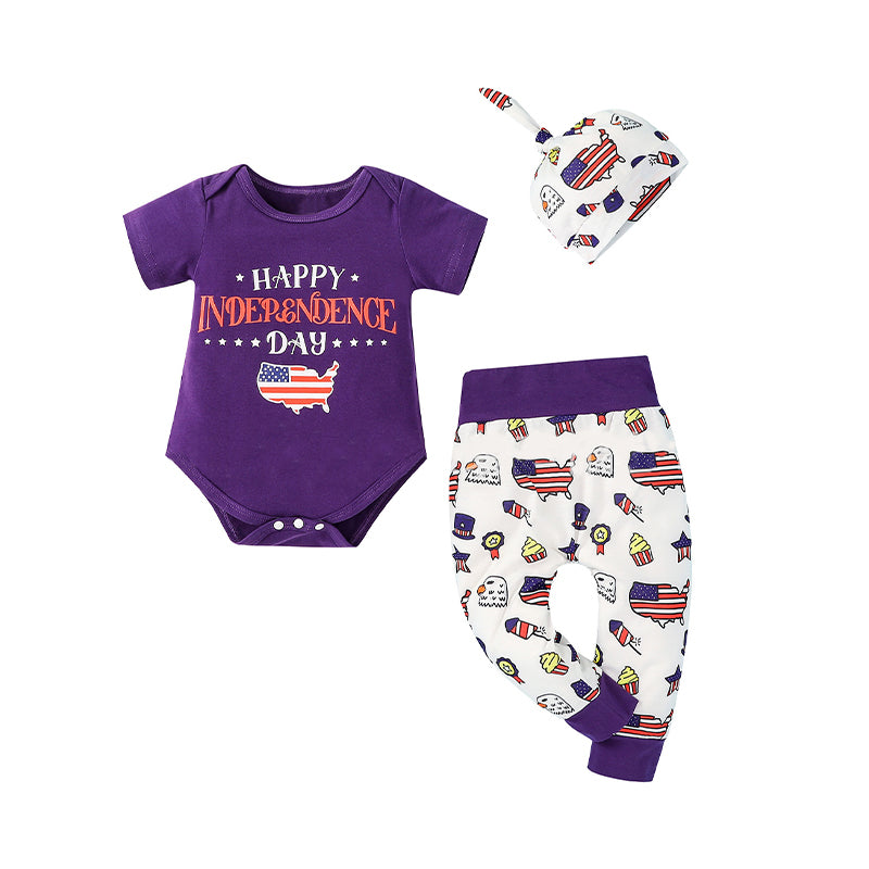 3 Pieces Baby Happy Independence Day Set Print Bodysuit & Pants & Hat Wholesale 24232218