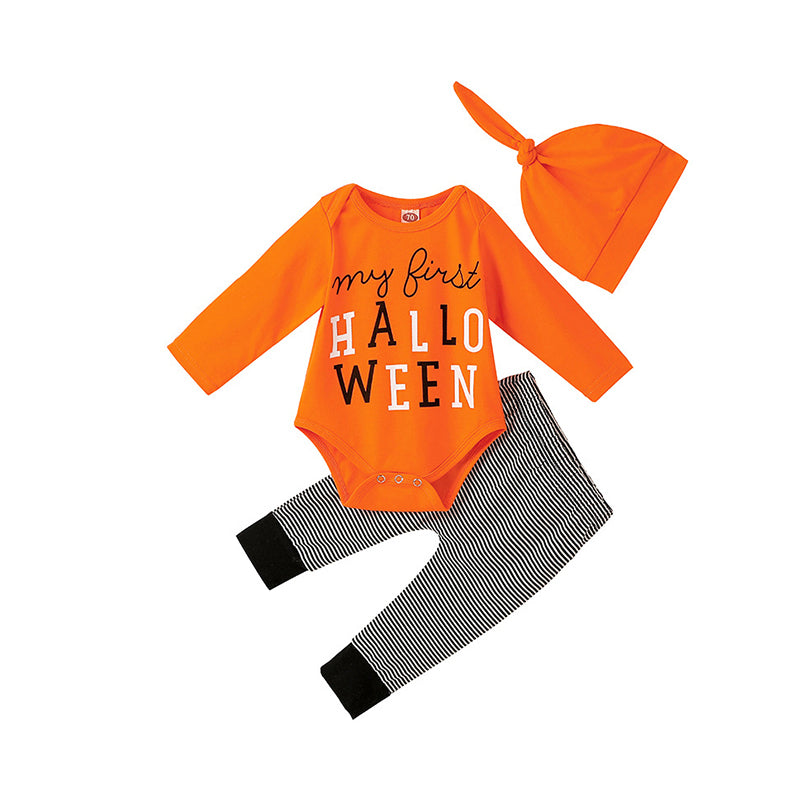 3 Pieces Set Baby Girls Boys Halloween Letters Tops Striped Pants And Solid Color Hats Wholesale 99867296