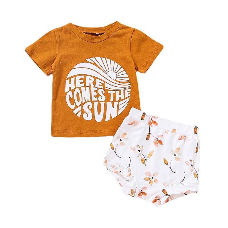 3 Pieces Baby Toddler Girl Here Comes The Sun Set Tee & Print Shorts & Headband Wholesale 87513032