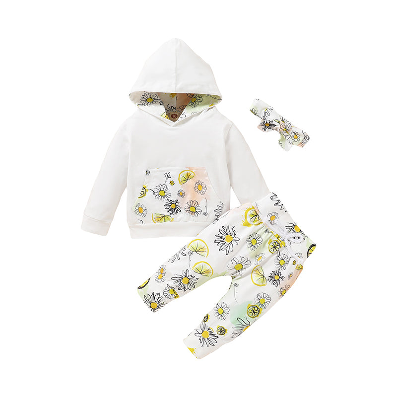 3 Pieces Set Baby Girls Flower Print Hoodies Swearshirts Pants And Bow Wholesale 98646195