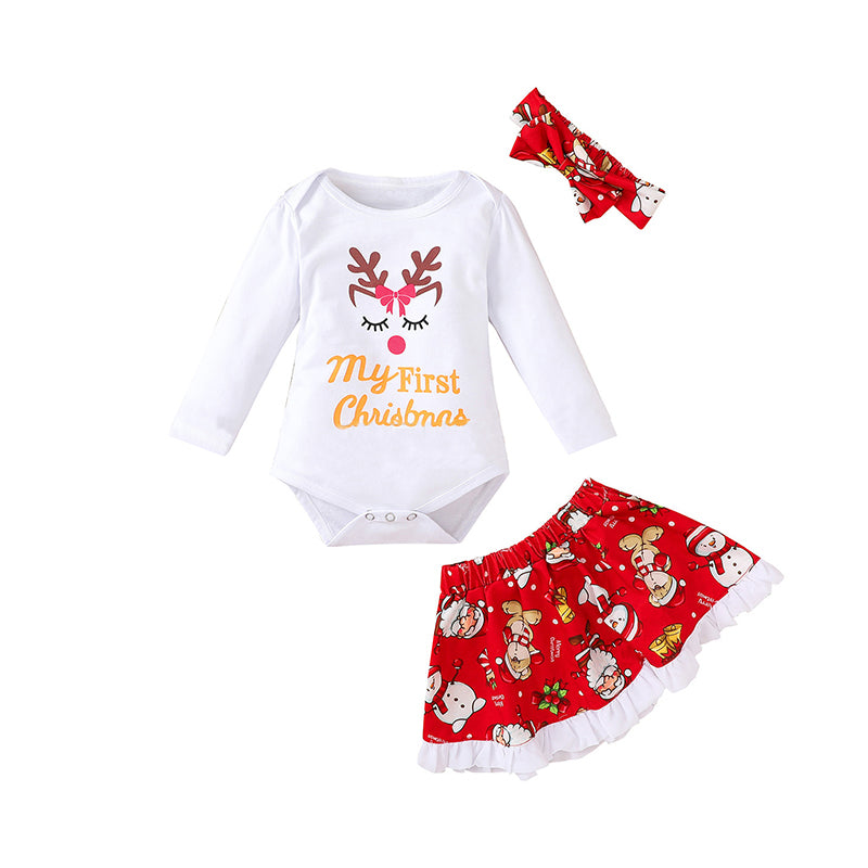 3 Pieces Set Baby Girls Christmas Letters Print Rompers Skirts And Headwear Wholesale 44426580