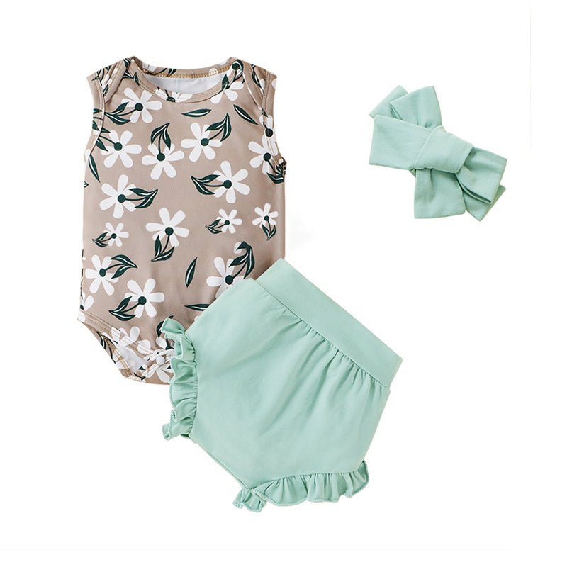 3 Pieces Infant Girl Tank Bodysuit & Shorts & Headband Floral Print Set Wholesale 71401175