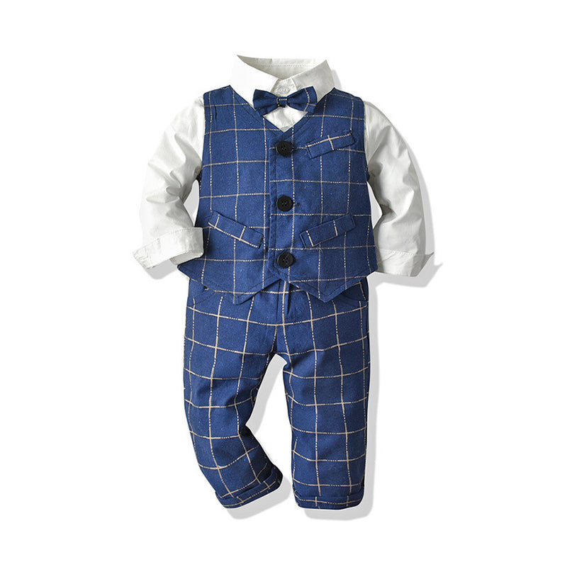 3 Pieces Kid Boy Formal Outfit Bow Tie Shirt & Plaid Vest & Trousers Wholesale 59115244