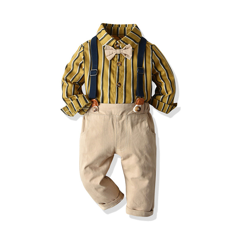 2 Pieces Kid Boy Gentleman Set Bowtie Stripe Shirt & Overall Trousers